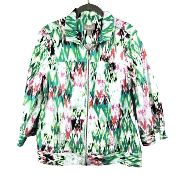 Chico's Jackets & Blazers - Chicos Women's Jacket Large or 2 Teal Pink Aztec Full Zipper 3/4 Sleeve Cotton